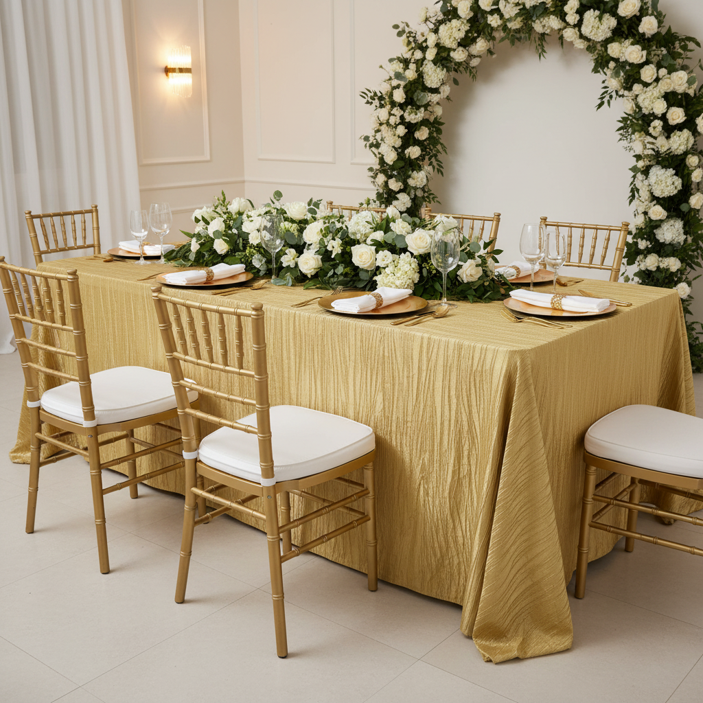 Accordion Crinkle Taffeta 90"x132" Rectangular Tablecloth - Gold with gold charger plate | white napkin | gold chiavari chair | flower premade runner | wine goblets