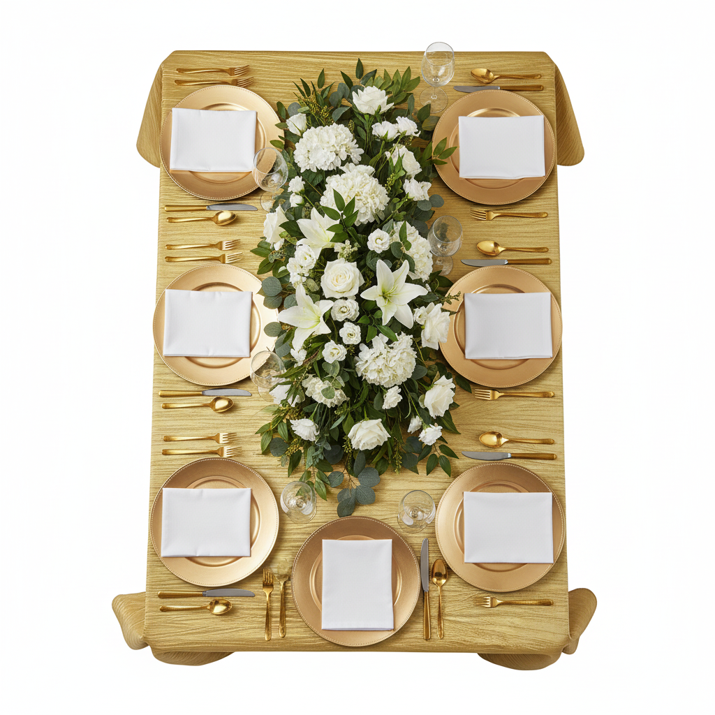 Accordion Crinkle Taffeta 90"x132" Rectangular Tablecloth - Gold with gold charger plate | white napkin | flower premade runner | wine goblets