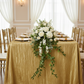 Accordion Crinkle Taffeta 90"x132" Rectangular Tablecloth - Gold with gold charger plate | white napkin | flower premade runner | wine goblets