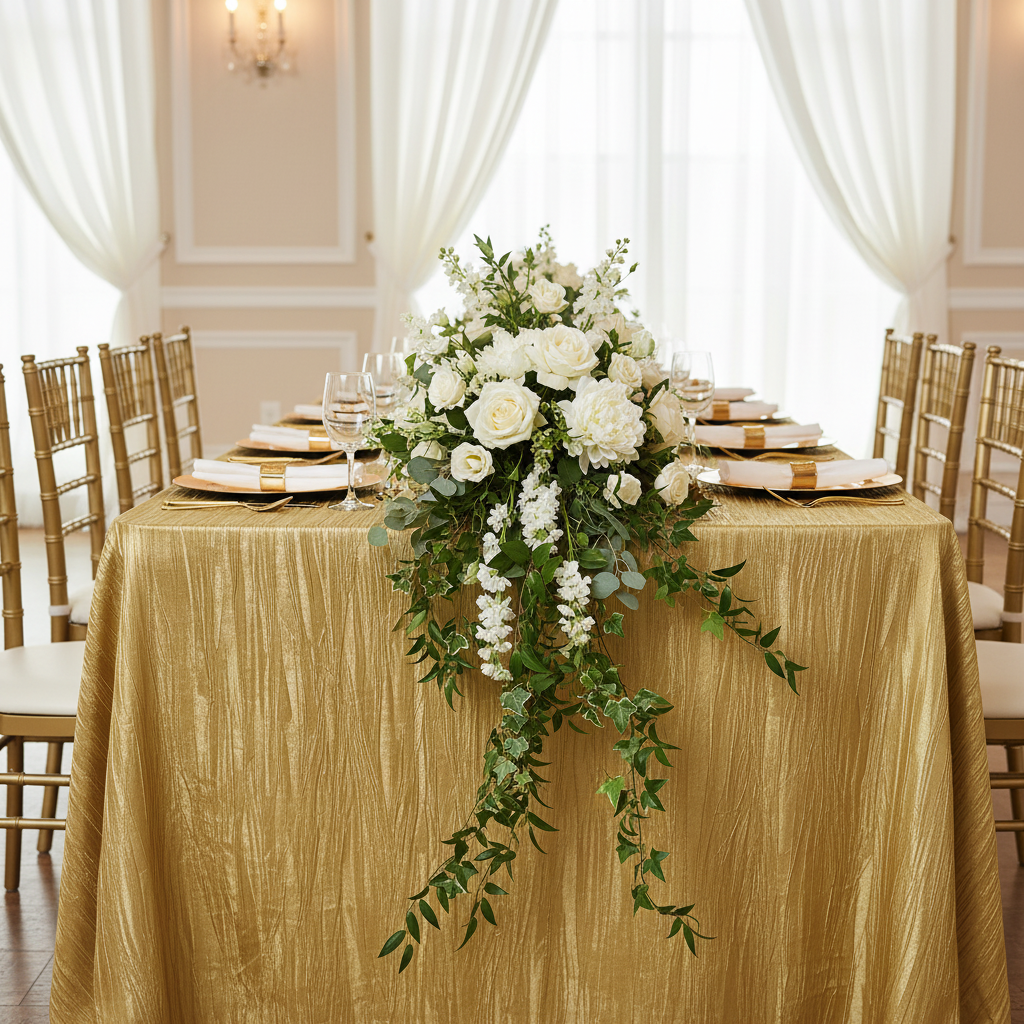 Accordion Crinkle Taffeta 90"x132" Rectangular Tablecloth - Gold with gold charger plate | white napkin | flower premade runner | wine goblets