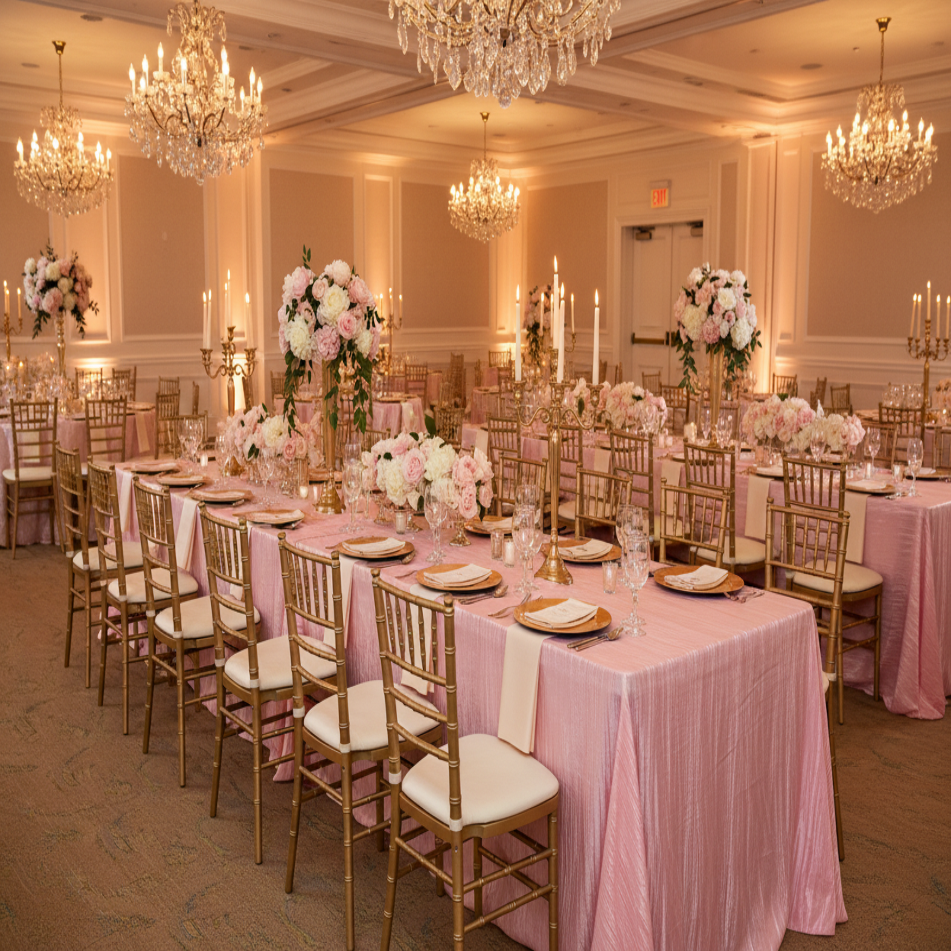 wedding reception with Accordion Crinkle Taffeta 90"x132" Rectangular Tablecloth - Pink