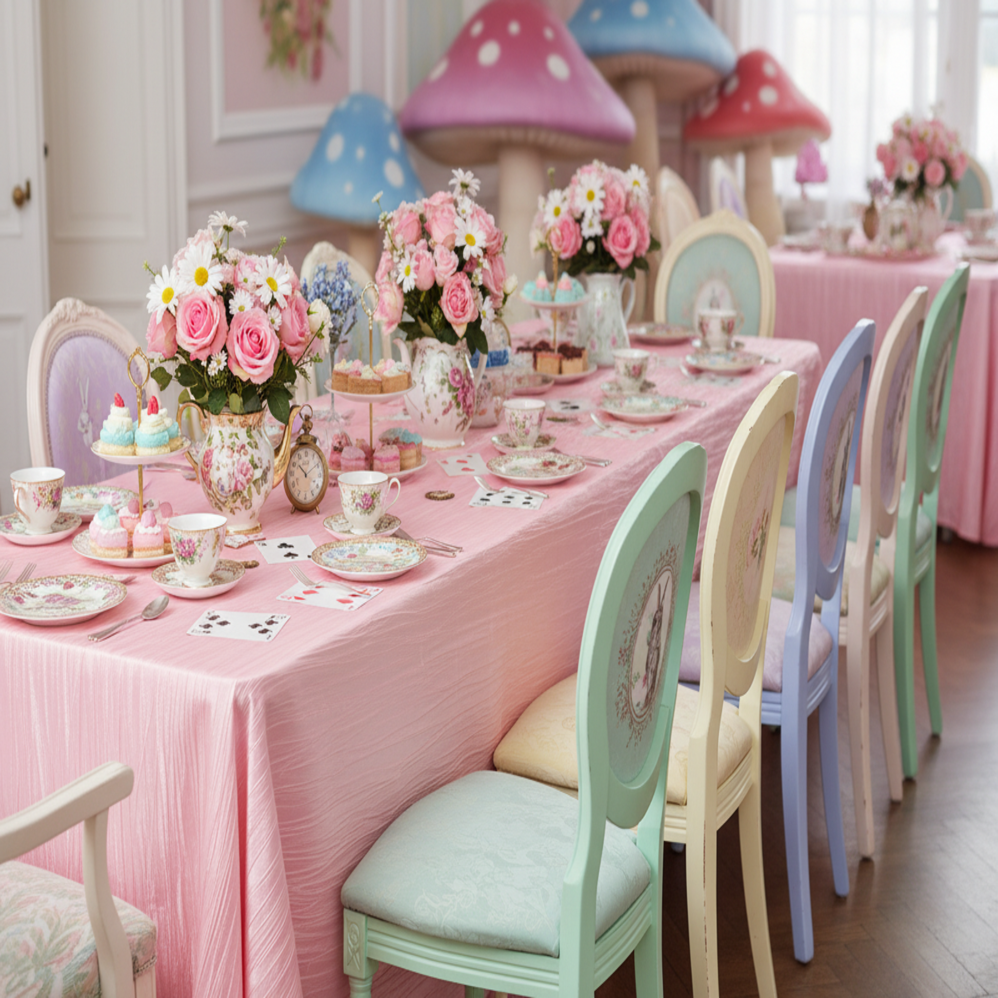 alice in wonderland themed birthday celebration with Accordion Crinkle Taffeta 90"x132" Rectangular Tablecloth - Pink