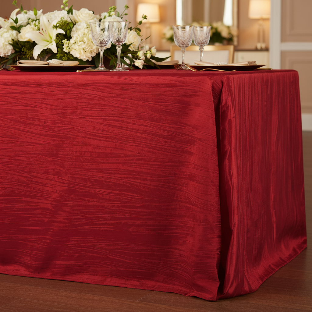Accordion Crinkle Taffeta 90"x132" Rectangular Tablecloth - Red | flower premade table runner | charger plate | wine goblets 