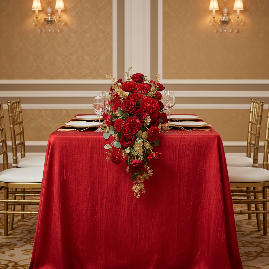Accordion Crinkle Taffeta 90"x132" Rectangular Tablecloth - Red | flower premade table runner | charger plate | wine goblets 