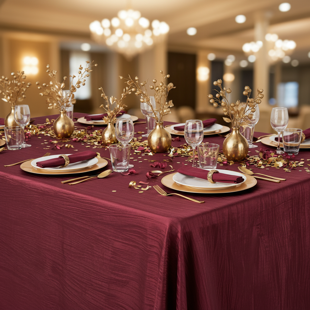 Accordion Crinkle Taffeta 90"x156" Rectangular Tablecloth - Burgundy | charger plate | wine goblets |  napkin |