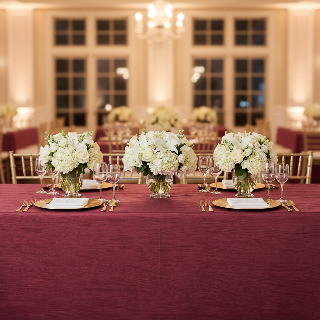 Accordion Crinkle Taffeta 90"x156" Rectangular Tablecloth - Burgundy | charger plate | napkin | wine goblets |  