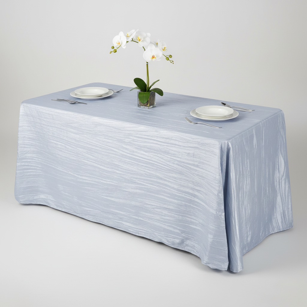Accordion Crinkle Taffeta 90"x156" Rectangular Tablecloth - Dusty Blue |  charger plate | 