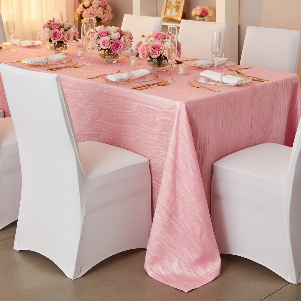 Accordion Crinkle Taffeta 90"x156" Rectangular Tablecloth - Pink for birthday reception with white napkin | gold trimmed charger plate | white chair cover | floral centerpieces
