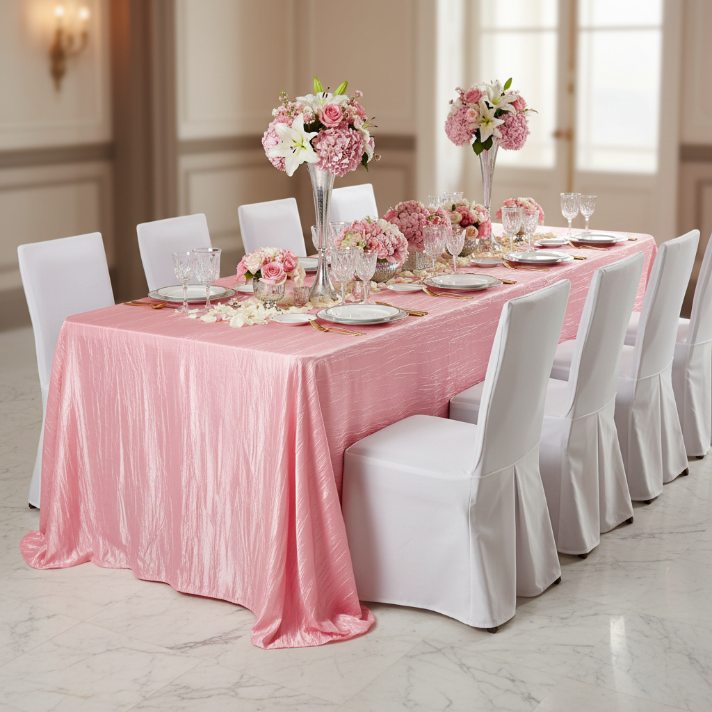 Accordion Crinkle Taffeta 90"x156" Rectangular Tablecloth - Pink for birthday reception with white dinner plate | white chair cover | floral centerpieces