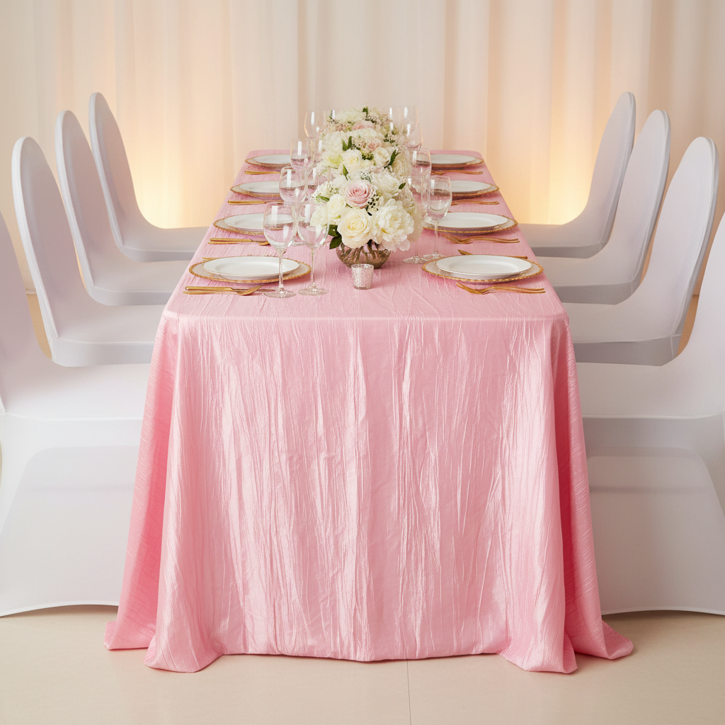 Accordion Crinkle Taffeta 90"x156" Rectangular Tablecloth - Pink for birthday reception with white dinner plate | gold trimmed charger plate | white chair cover | floral centerpieces