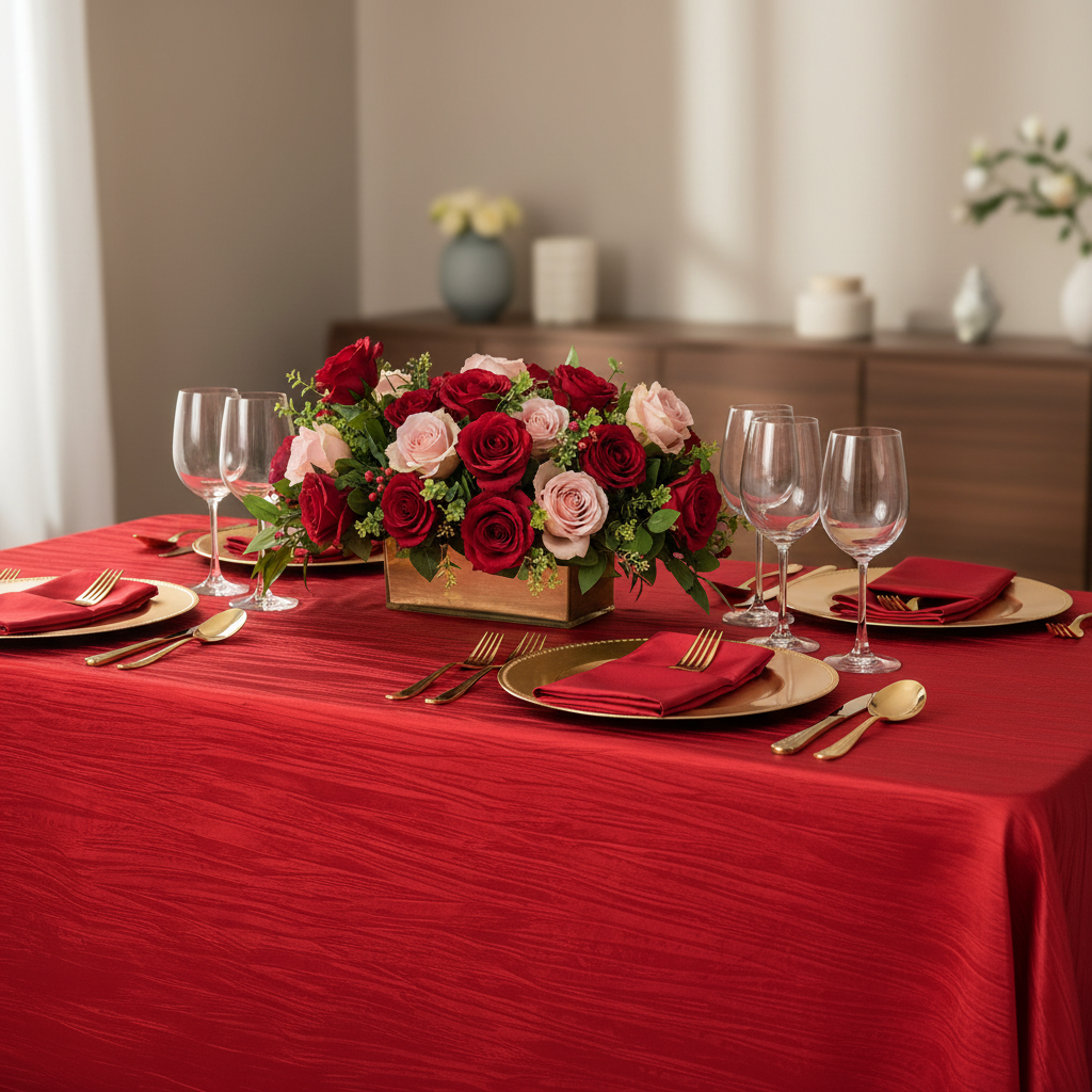 Accordion Crinkle Taffeta 90"x156" Rectangular Tablecloth - Red with gold charger plate | red napkin | wine goblets | 