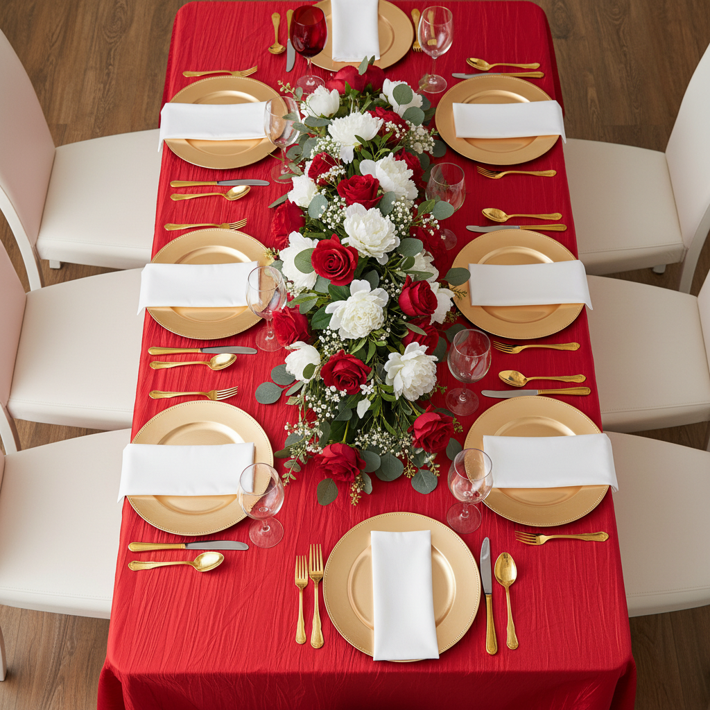 Accordion Crinkle Taffeta 90"x156" Rectangular Tablecloth - Red with gold charger plate | white napkin | wine goblets | flower premade runner