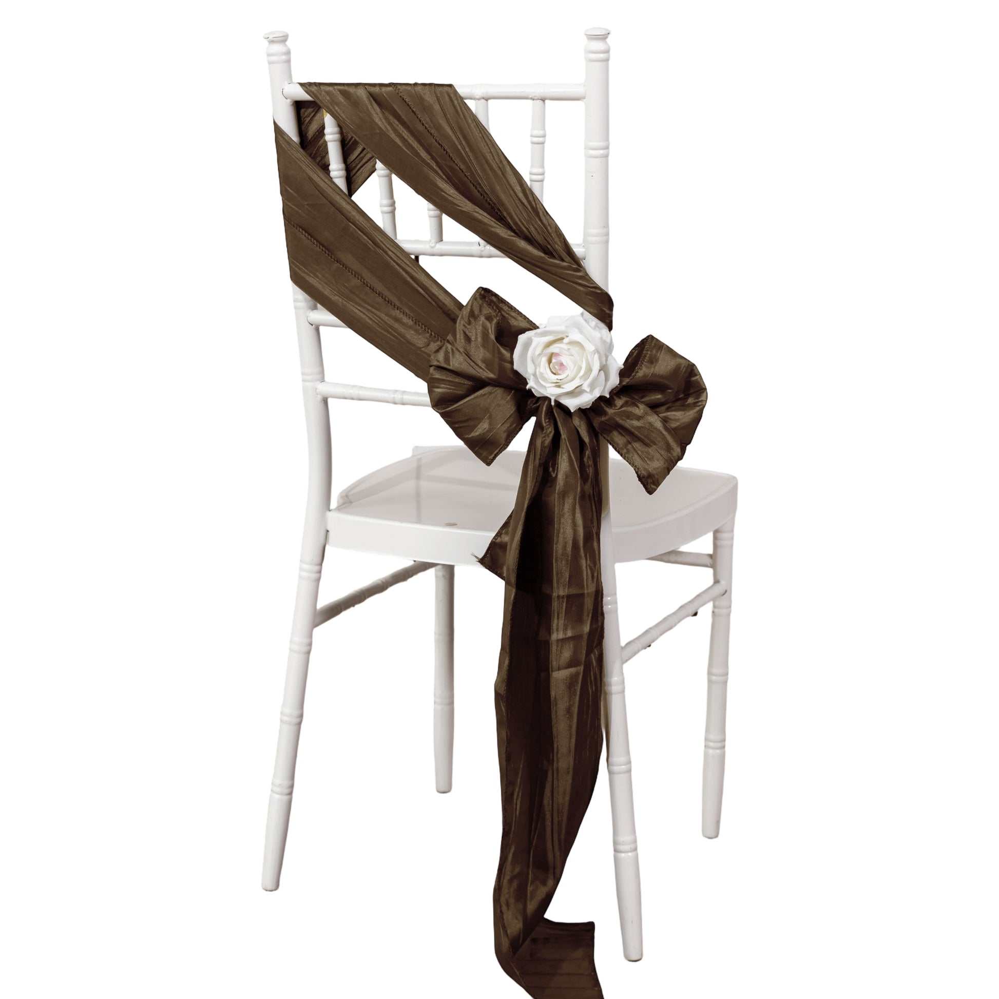 Accordion Crinkle Taffeta Chair Sash Chocolate sideways bow on a white chiavari chair