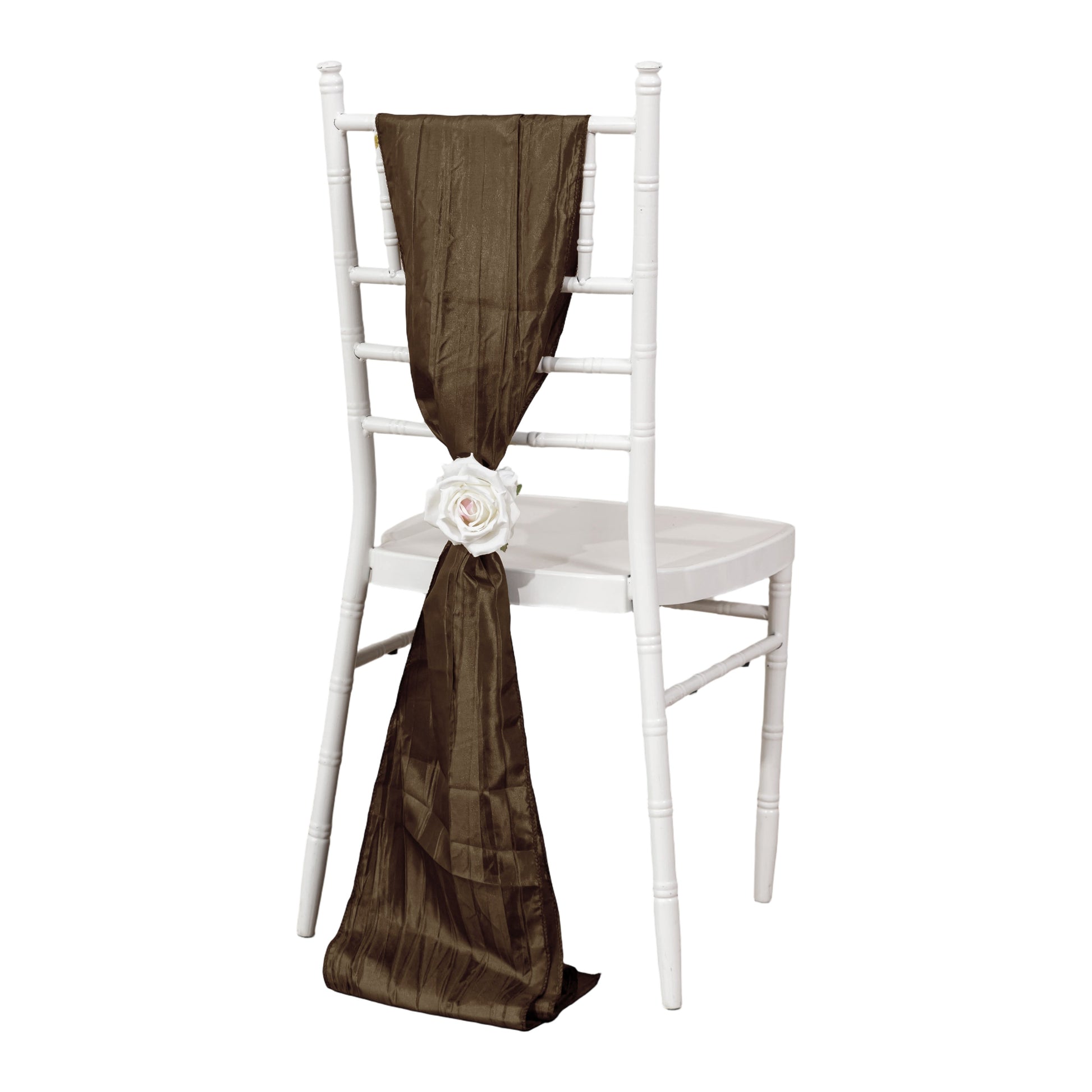 Accordion Crinkle Taffeta Chair Sash Chocolate on a white chiavari chair with a white rose
