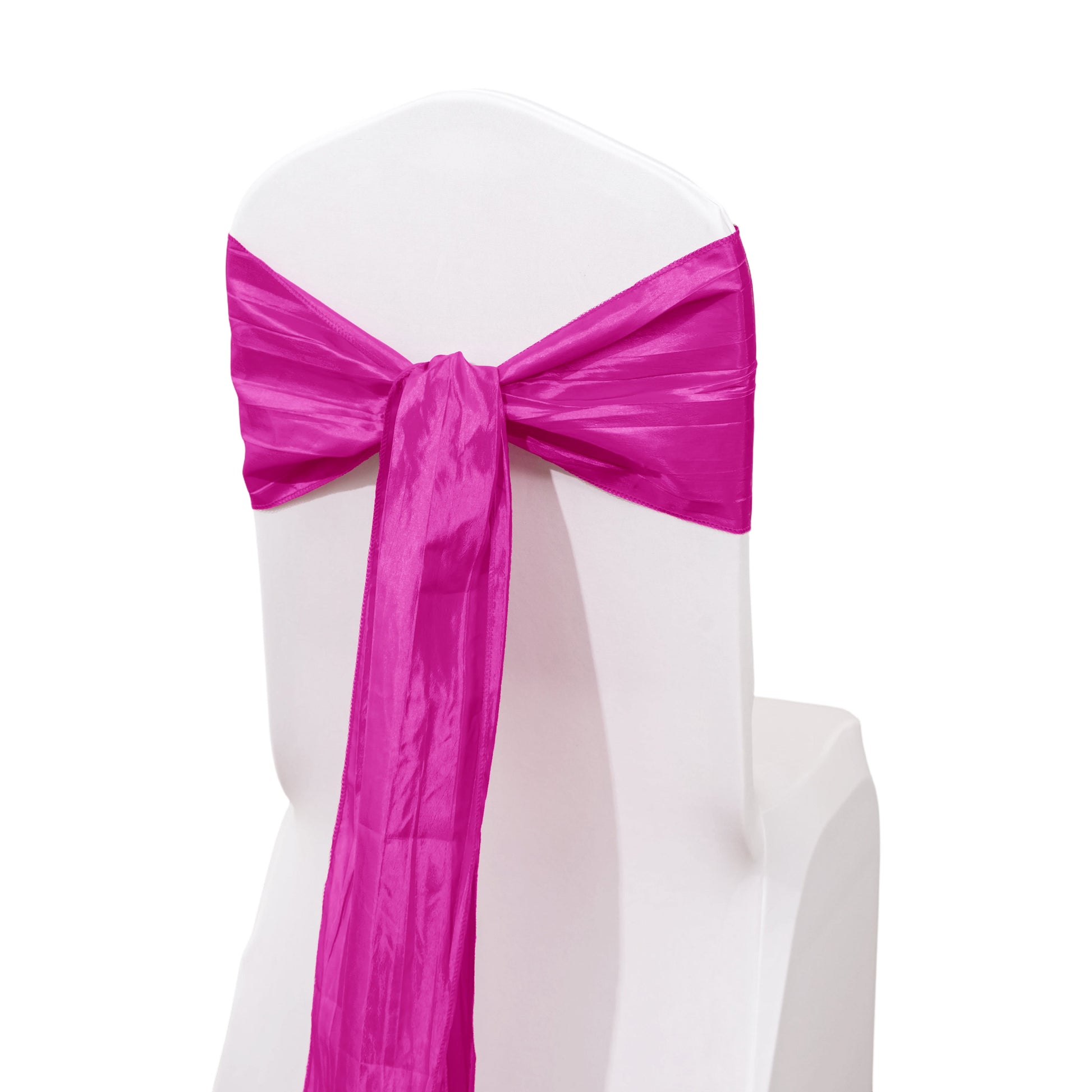 Accordion Crinkle Taffeta Chair Sash Fuchsia on a banquet chair with a flip knot tie