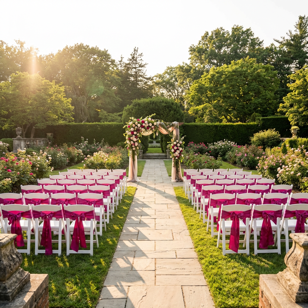 garden chairs with the Accordion Crinkle Taffeta Chair Sash Fuchsia for outdoor wedding
