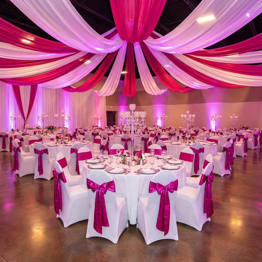 Accordion Crinkle Taffeta Chair Sash Fuchsia on white spandex banquet chair covers