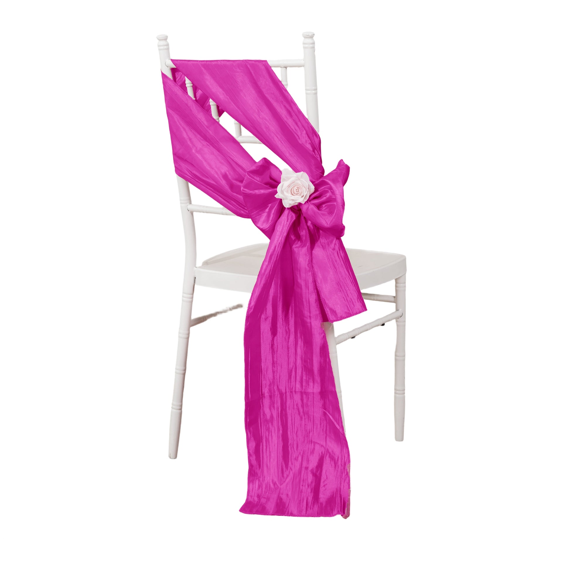 Accordion Crinkle Taffeta Chair Sash Fuchsia tied as a side tie on a white chiavari chairs
