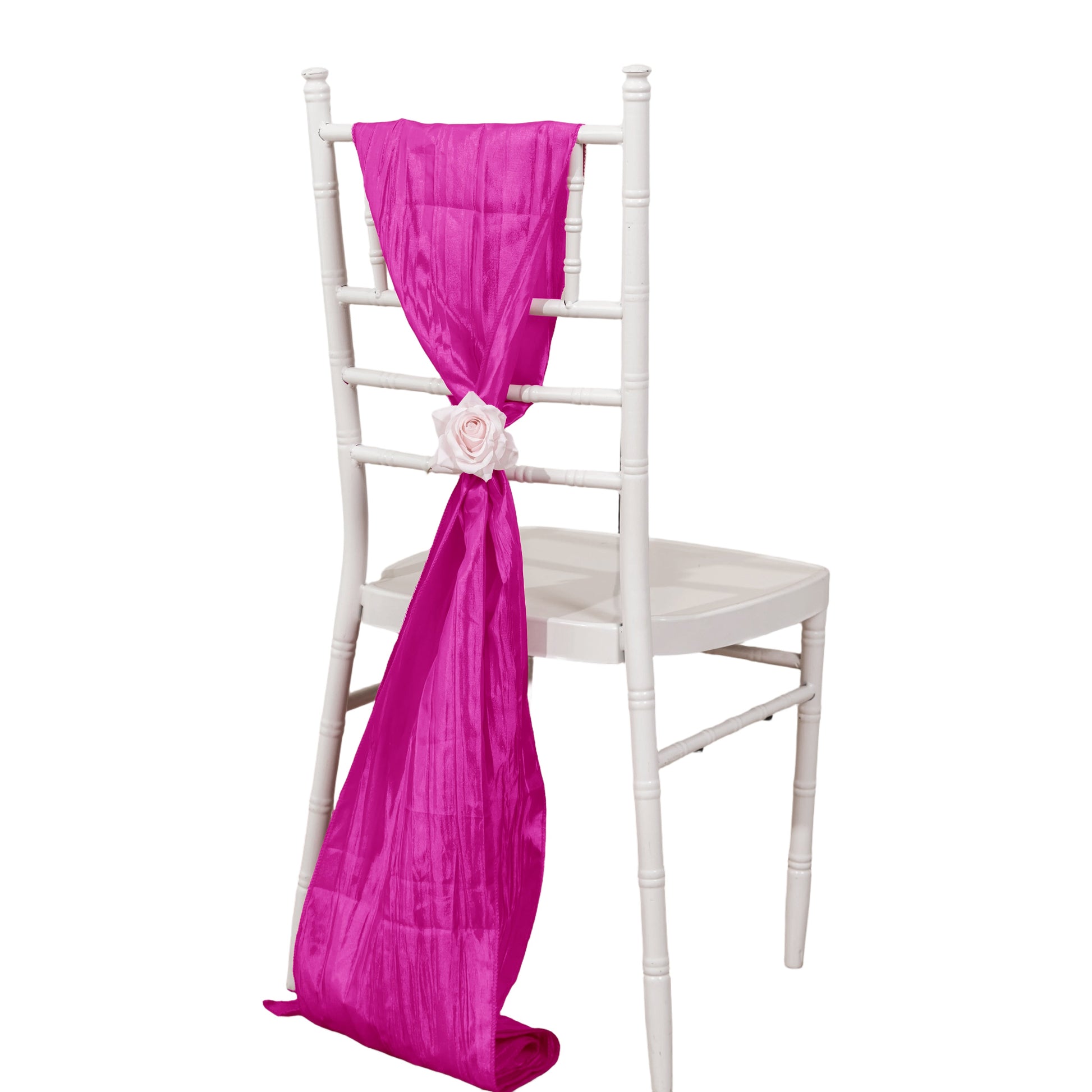 Accordion Crinkle Taffeta Chair Sash Fuchsia on a white chiavari chairs
