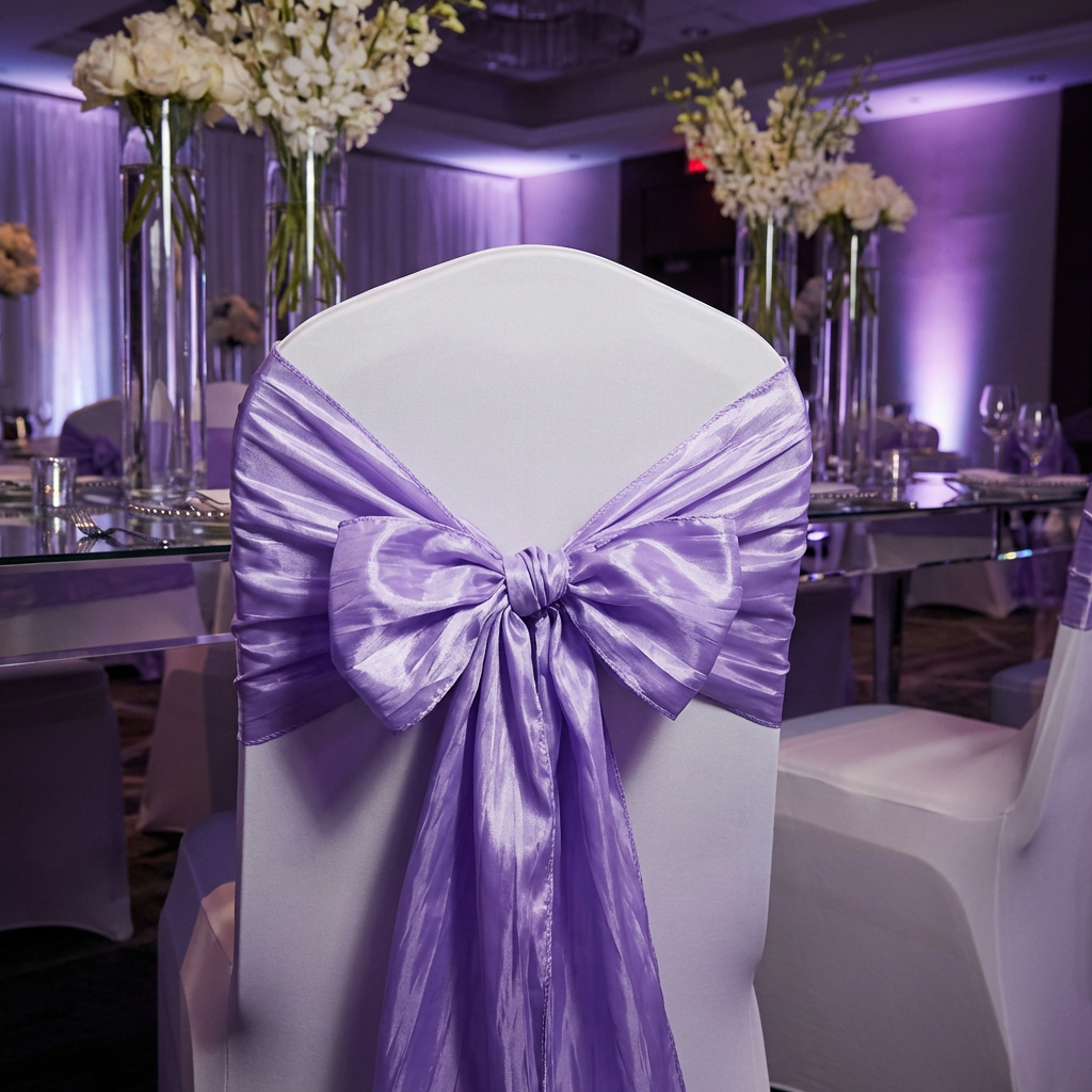 close up of the the Accordion Crinkle Taffeta Chair Sash Lavender tied in a bow around a banquet style chair