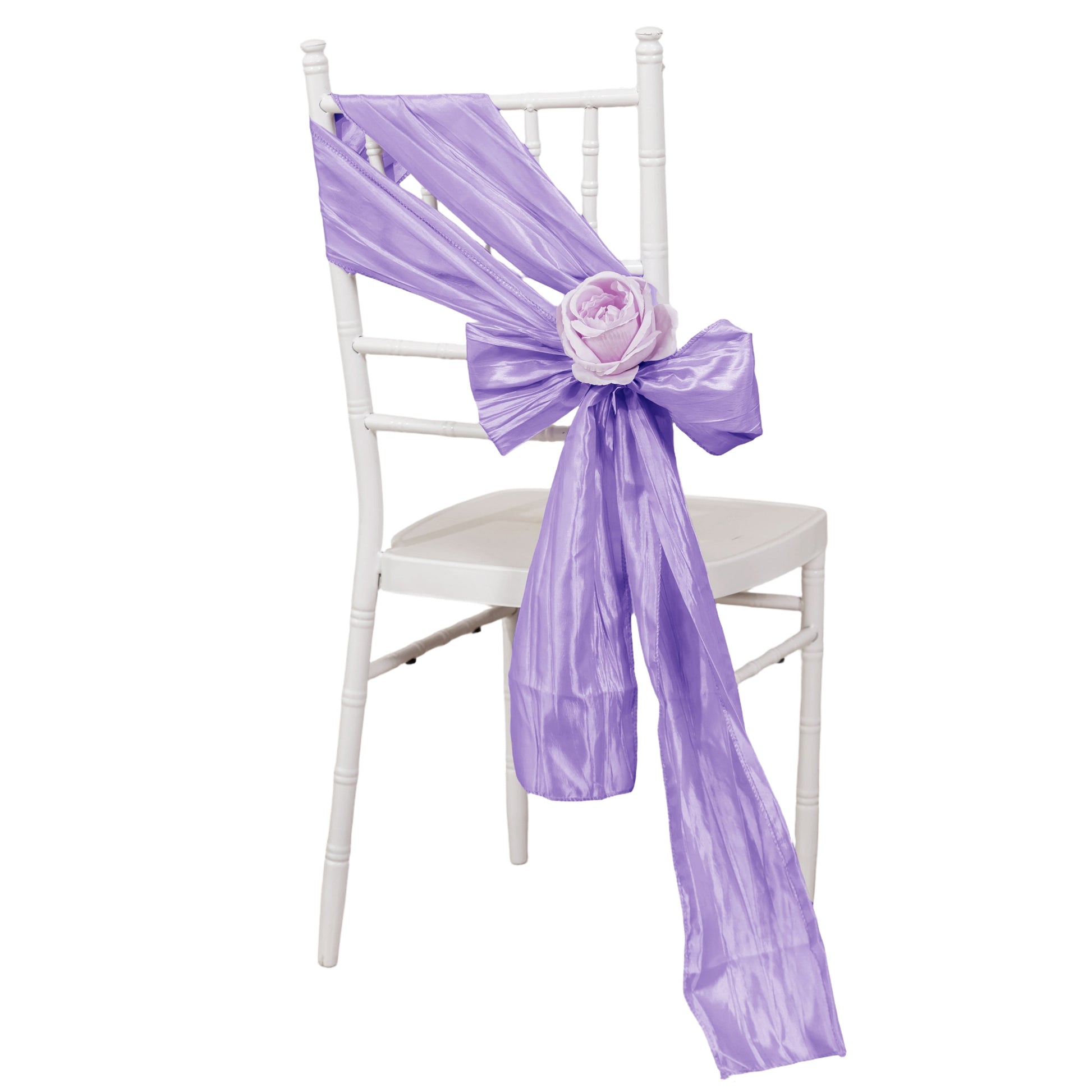 Accordion Crinkle Taffeta Chair Sash Lavender in a side tie with a lavender rose on a white chiavari chair