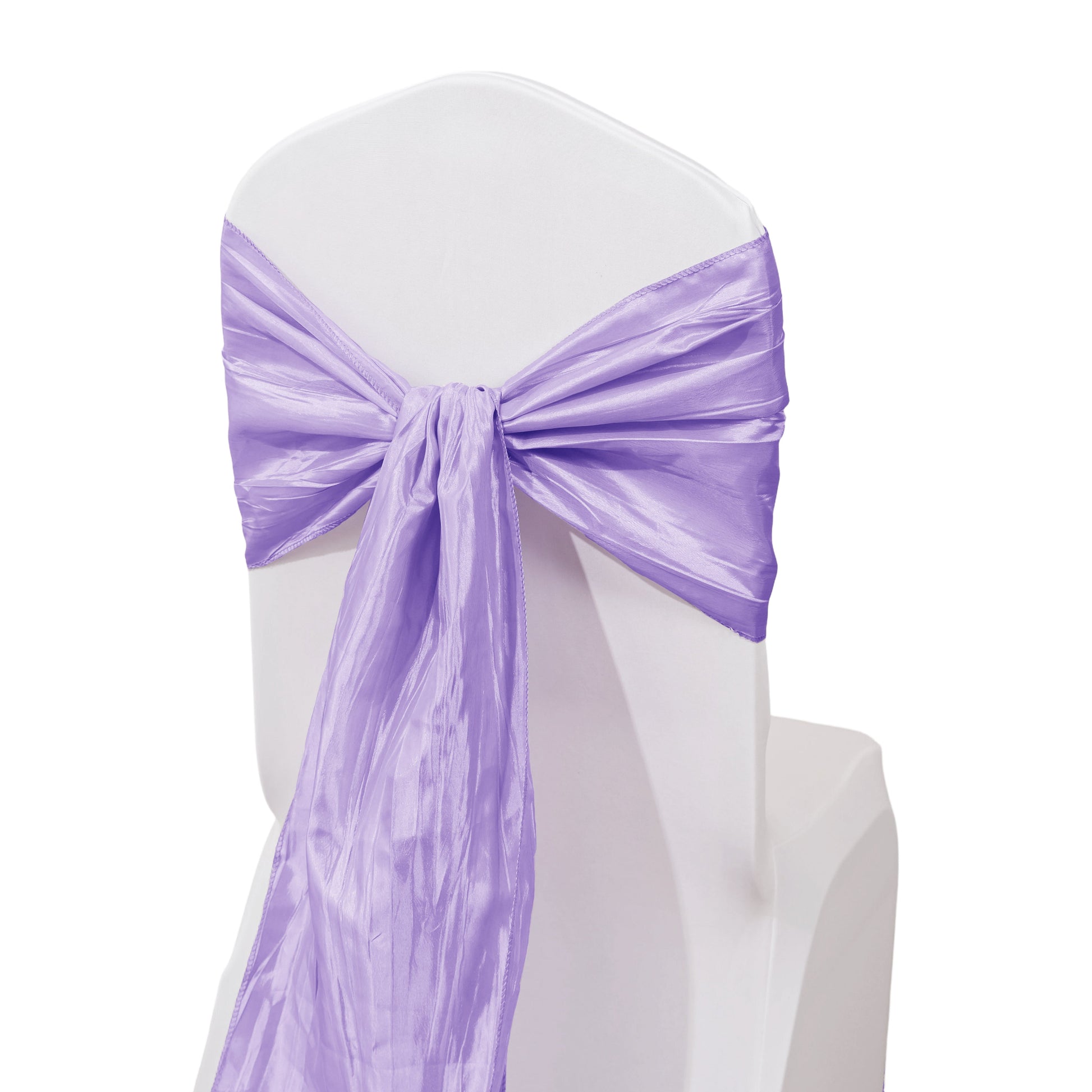 Accordion Crinkle Taffeta Chair Sash Lavender in a flip tie on a banquet style chair