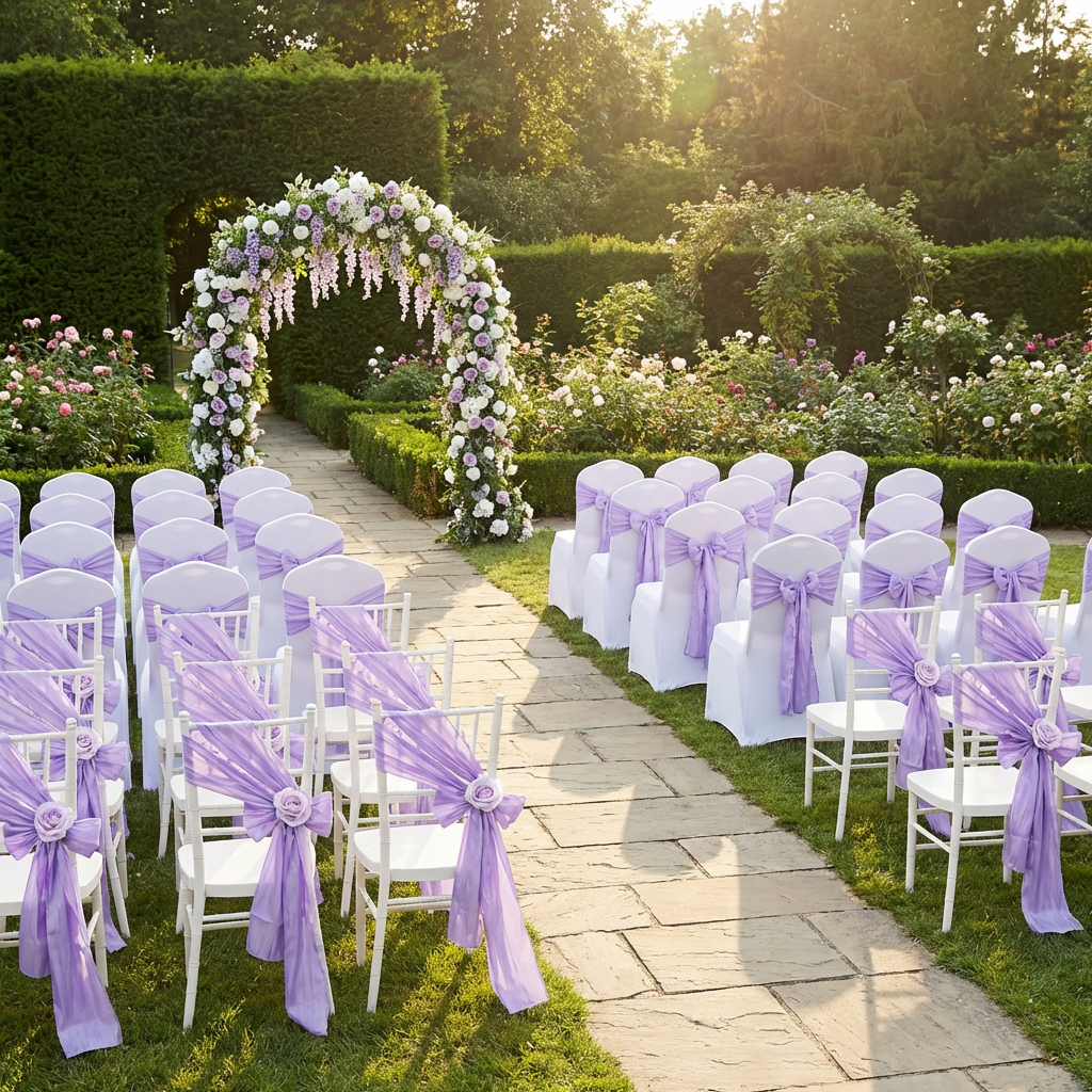 outdoor wedding with Accordion Crinkle Taffeta Chair Sash Lavender on the banquet and chiavari chairs