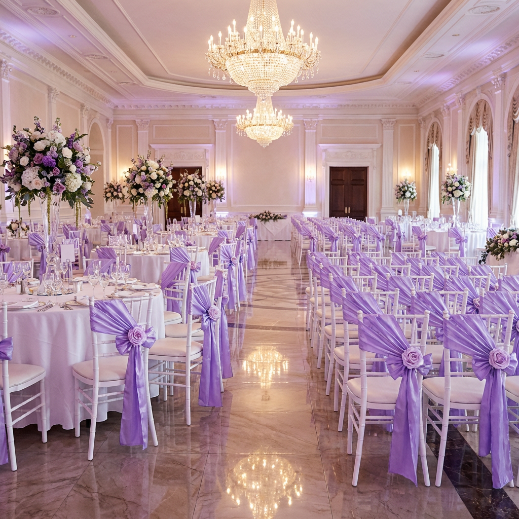 Accordion Crinkle Taffeta Chair Sash Lavender side tie on a white chiavari chair with a lavender rose head