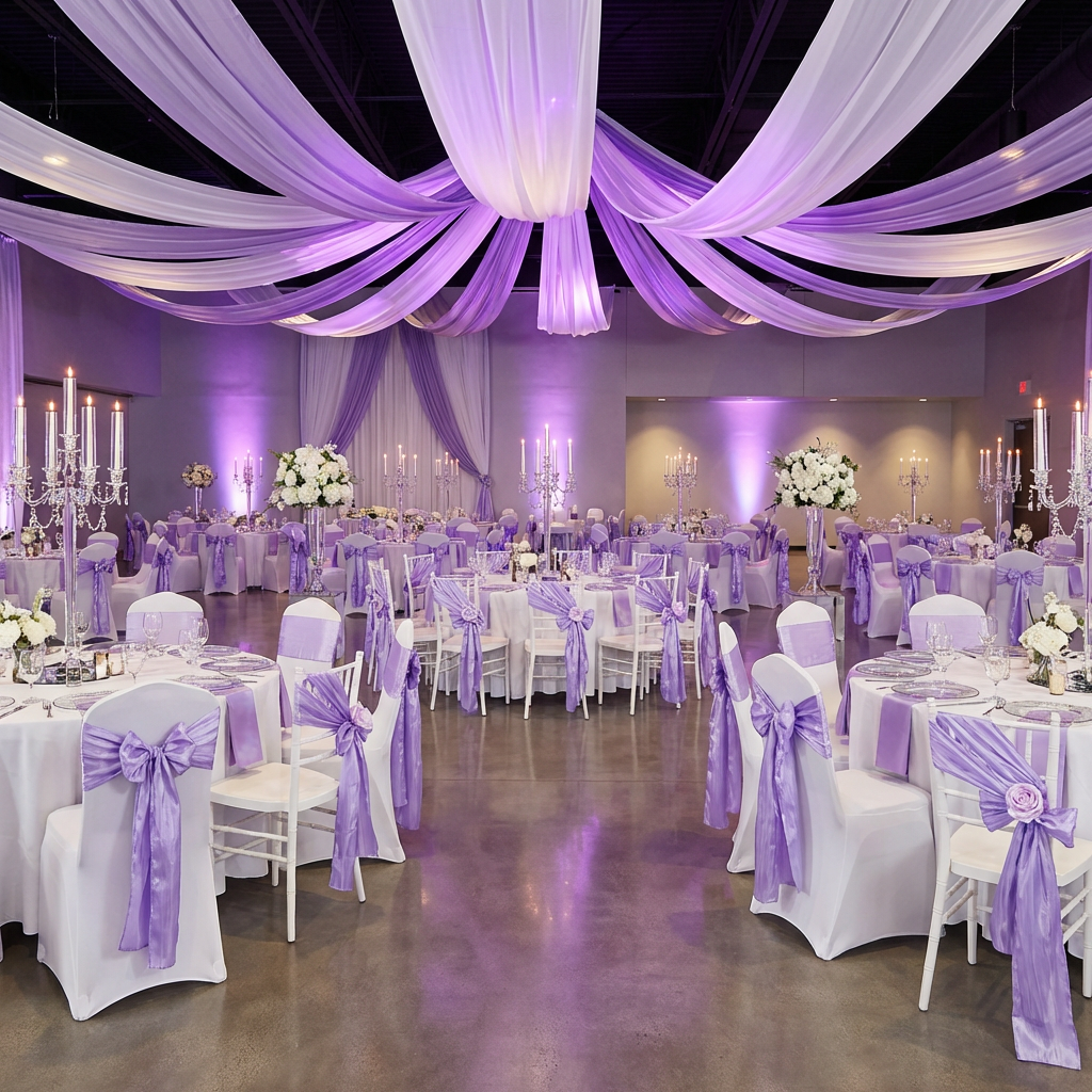 wedding tables with chiavari chairs and crown top banquet chairs around the tables and paired with the Accordion Crinkle Taffeta Chair Sash Lavender 