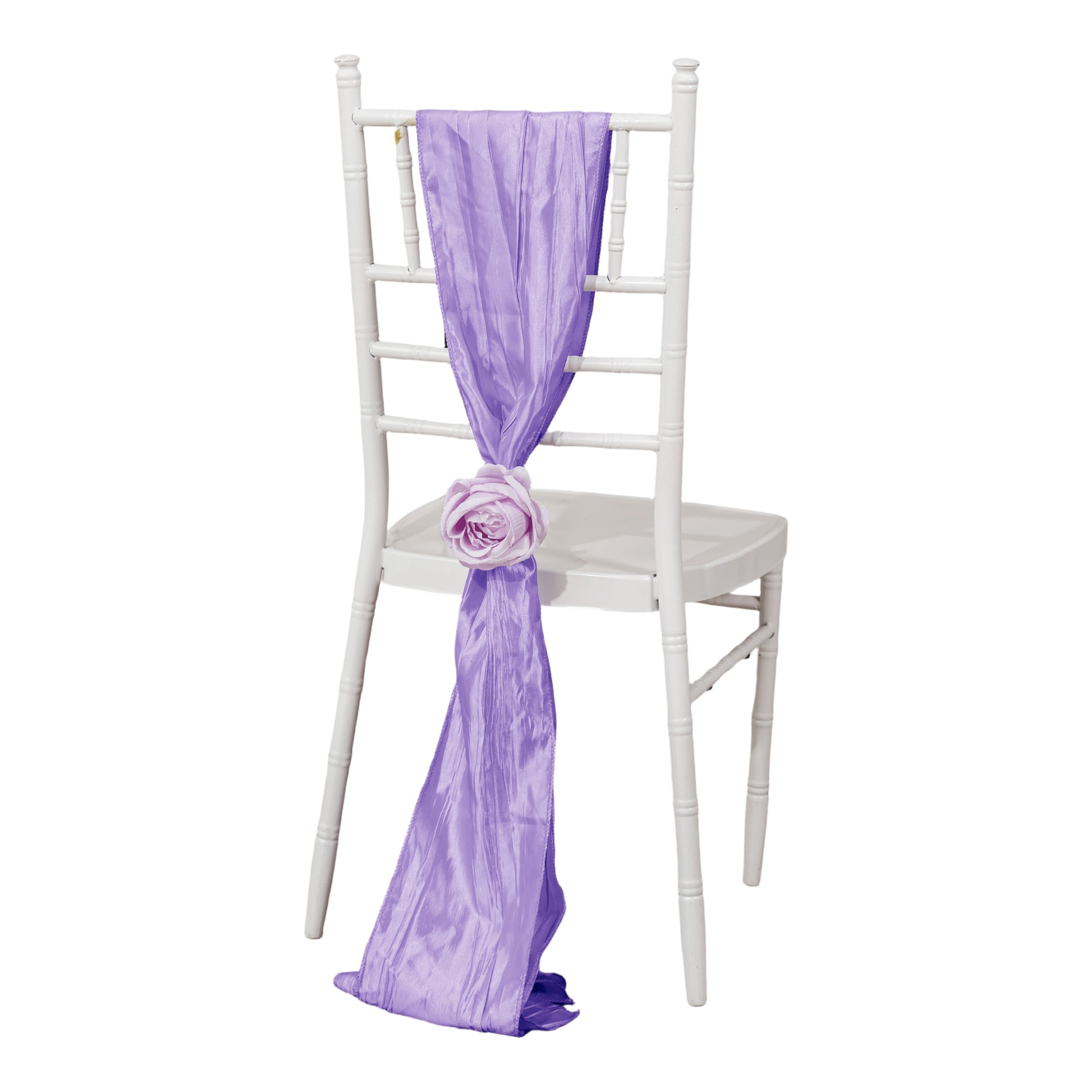 Accordion Crinkle Taffeta Chair Sash Lavender on a white chiavari chair