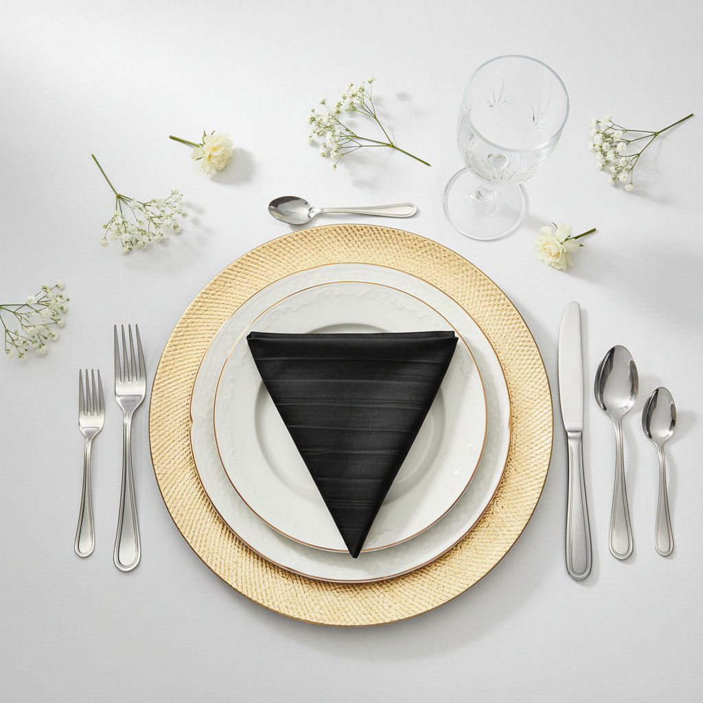 Accordion Crinkle Taffeta Napkin 20"x20" - Black on white dinner plate | white tablecloth | gold charger plate