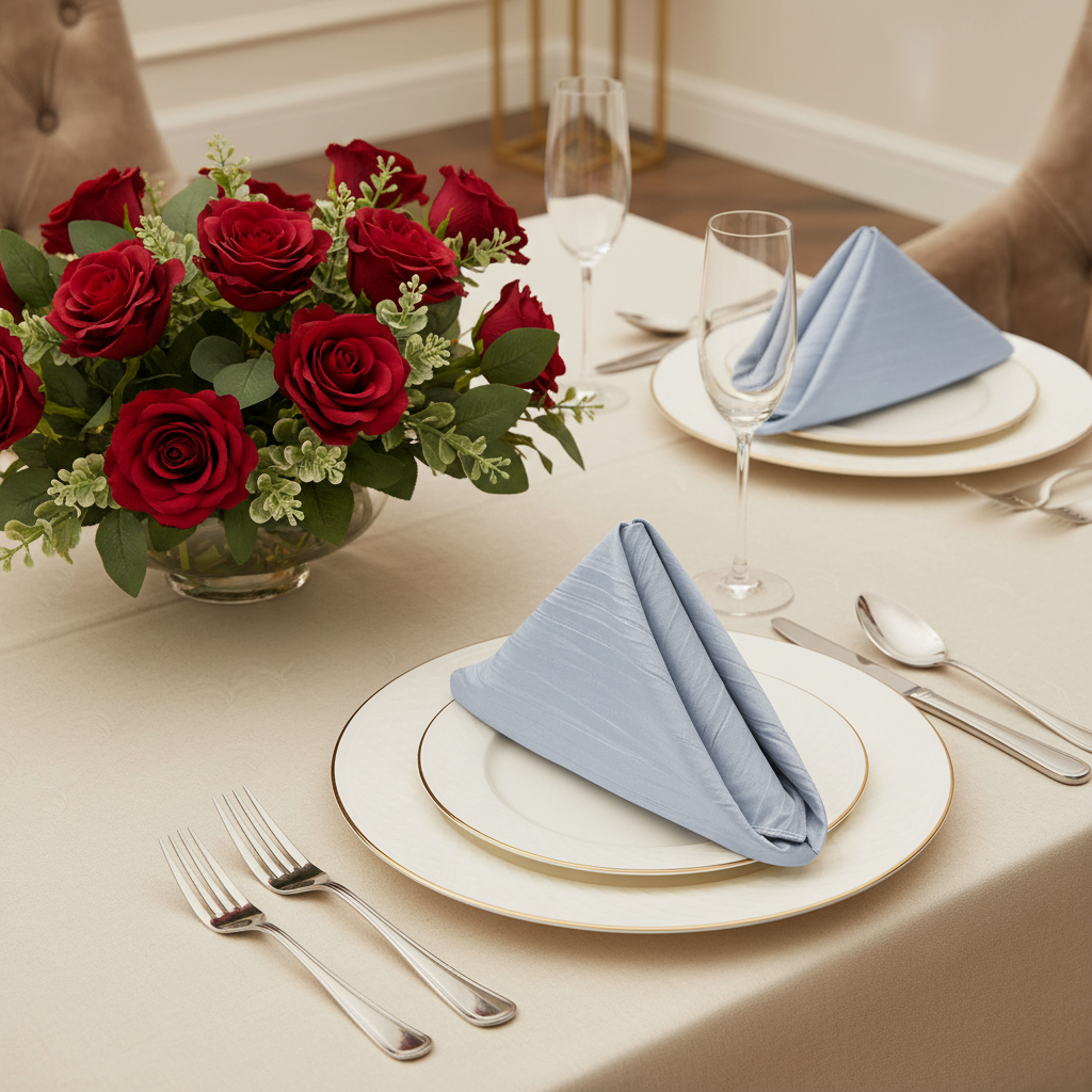 Accordion Crinkle Taffeta Napkin 20"x20" - Dusty Blue | charger plate | tablecloth | wine goblets|
