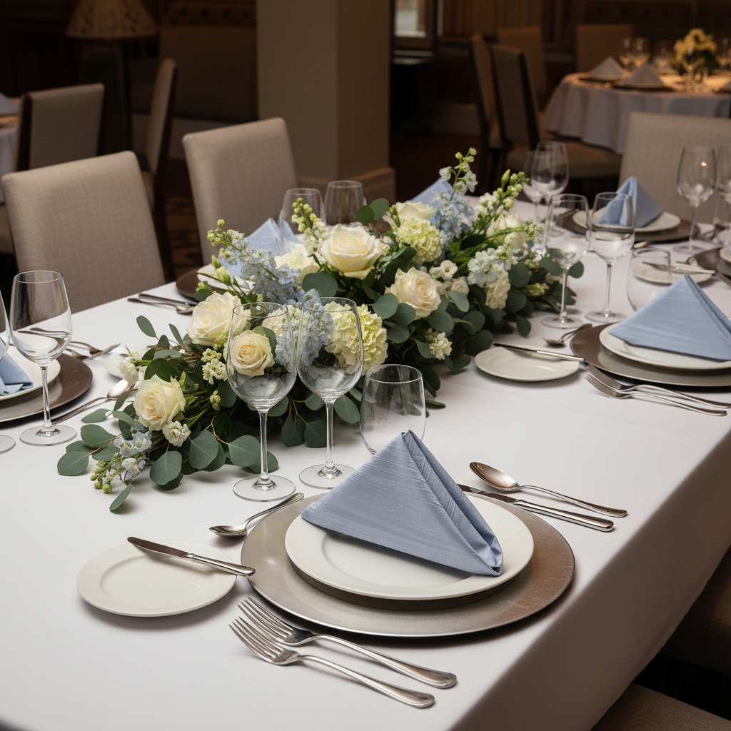 Accordion Crinkle Taffeta Napkin 20"x20" - Dusty Blue | charger plate | tablecloth | wine goblets | flower premade runner |