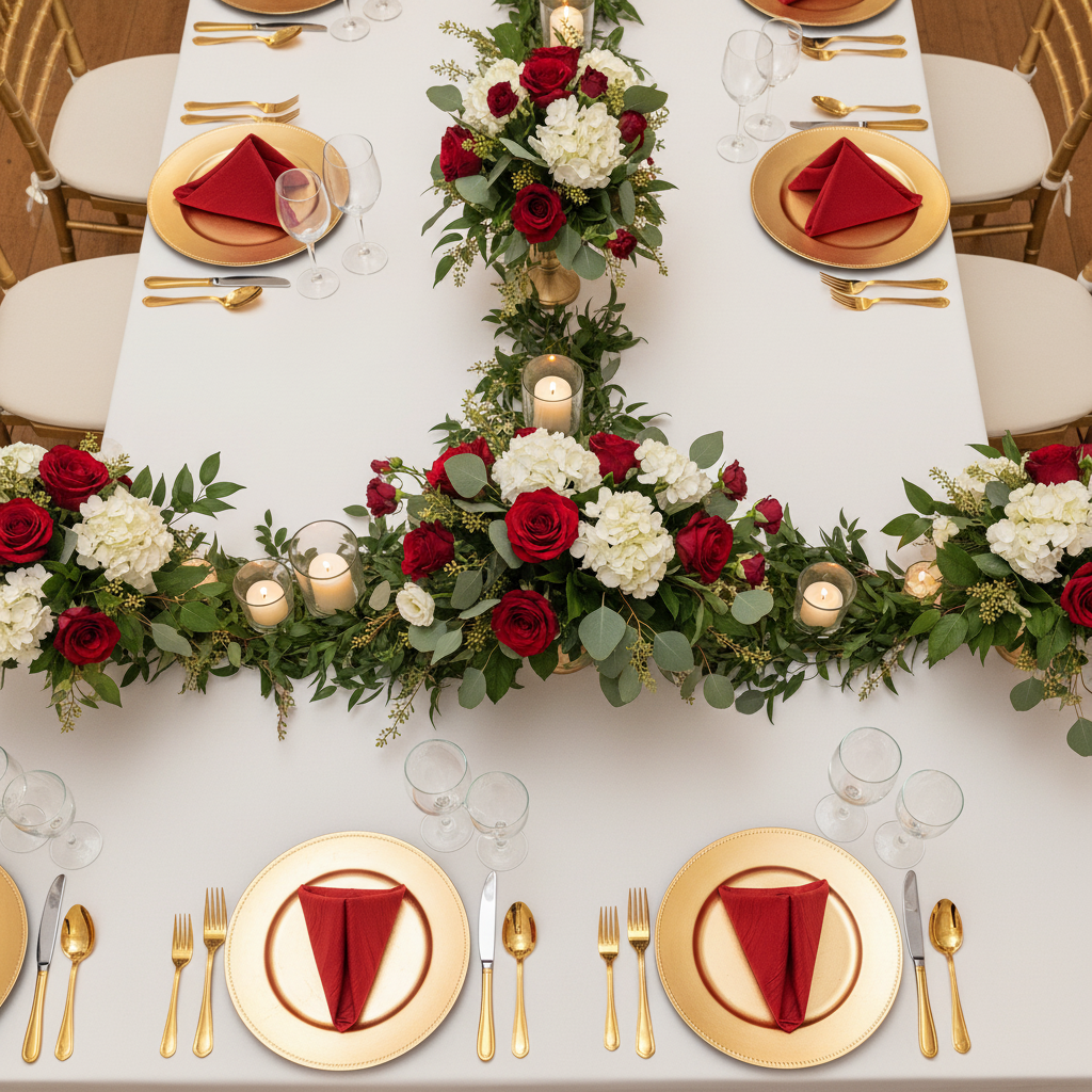 top view wedding reception with Accordion Crinkle Taffeta Napkin 20"x20" - Red