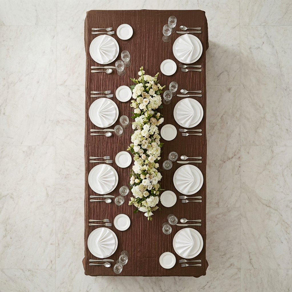 birds eye view of the Accordion Crinkle Taffeta Rectangular Tablecloth with white dinner plates, white napkins and floral table runner