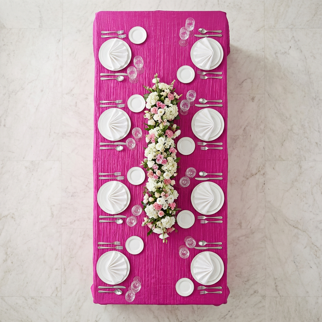 birds eye view of the  Accordion Crinkle Taffeta Rectangular Tablecloth Fuchsia with white charger plates and a floral table runner