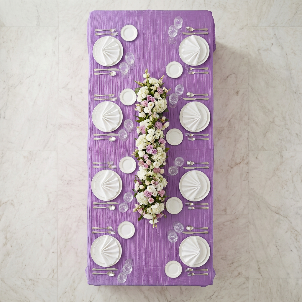 birds eye view of the Accordion Crinkle Taffeta Rectangular Tablecloth Lavender with a floral table runner 