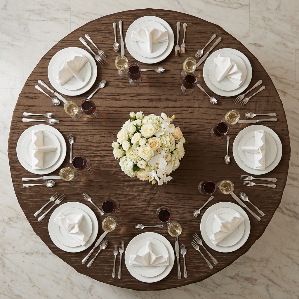 bird's eye view of the Accordion Crinkle Taffeta Round Tablecloth Chocolate with ivory napkins, wine glasses and floral centerpieces