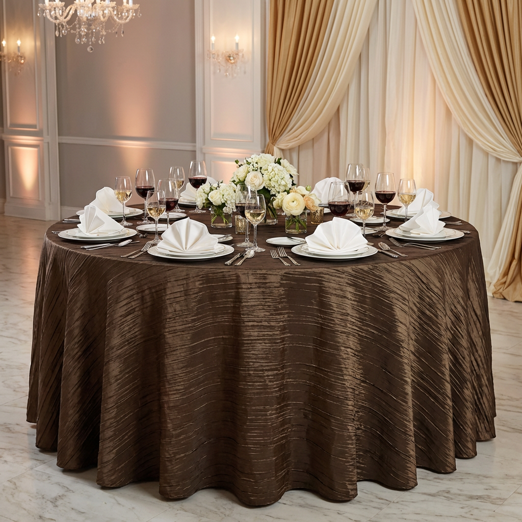 Accordion Crinkle Taffeta Round Tablecloth Chocolate on a round table with wine glasses, ivory napkins and floral centerpieces