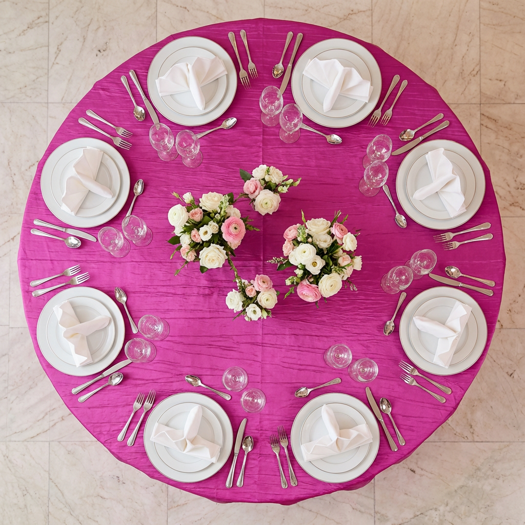 birds eye view of the Accordion Crinkle Taffeta Round Tablecloth Fuchsia 