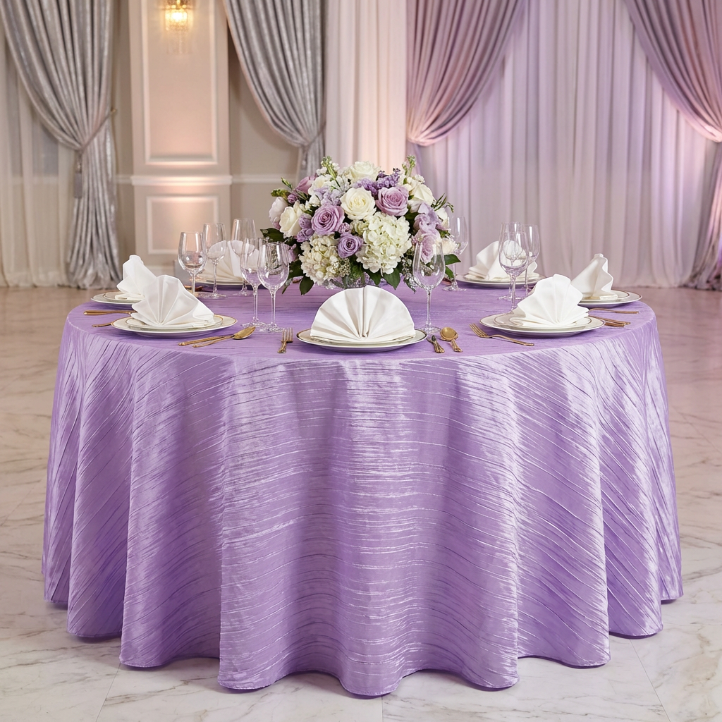 Accordion Crinkle Taffeta Round Tablecloth Lavender on a round table with ivory napkins in a fan fold