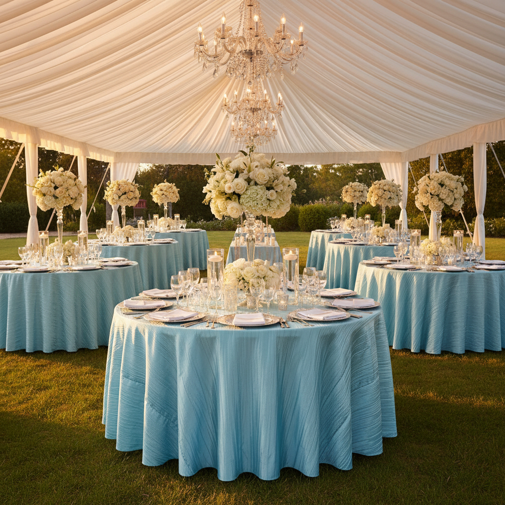 Accordion Crinkle Taffeta 120" Round Tablecloth Baby Blue – Outdoor Tent Wedding