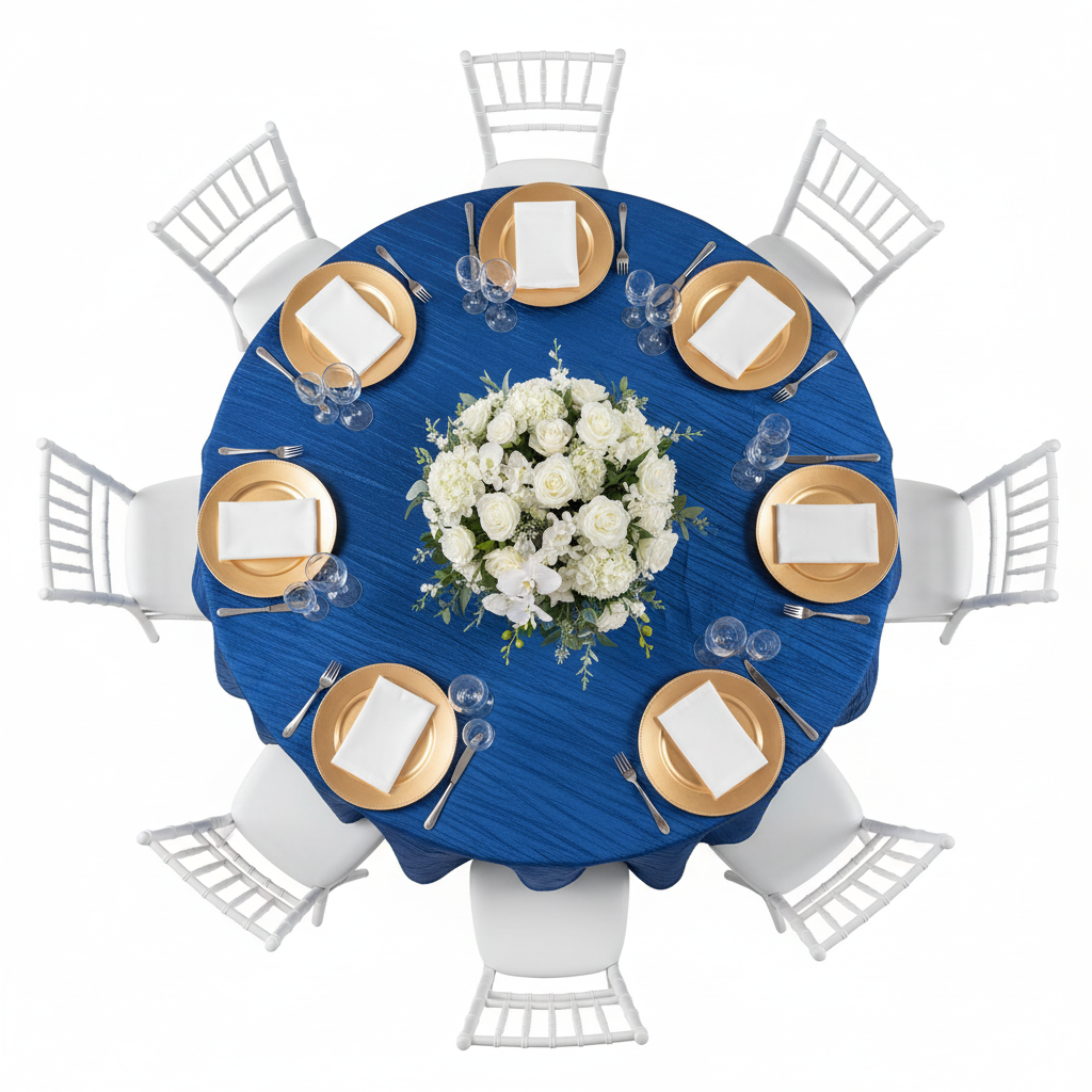 Accordion Crinkle Taffeta Table Overlay Topper 85"x85" Square  - Royal Blue with gold charger plate | white napkin | flower centerpiece | silver chiavari chair
