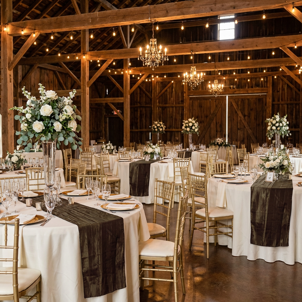 rustic reception setting with Accordion Crinkle Taffeta Table Runner Chocolate, gold charger plates, gold chiavari chairs and tall floral centerpieces