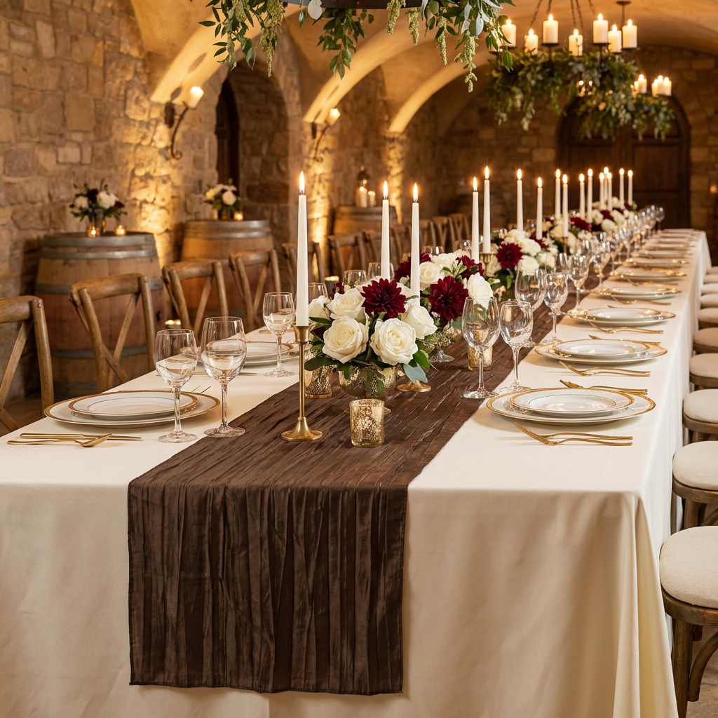 wedding table with the Accordion Crinkle Taffeta Table Runner Chocolate, white gold trimmercharger plates, rustic chairs and floral centerpieces
