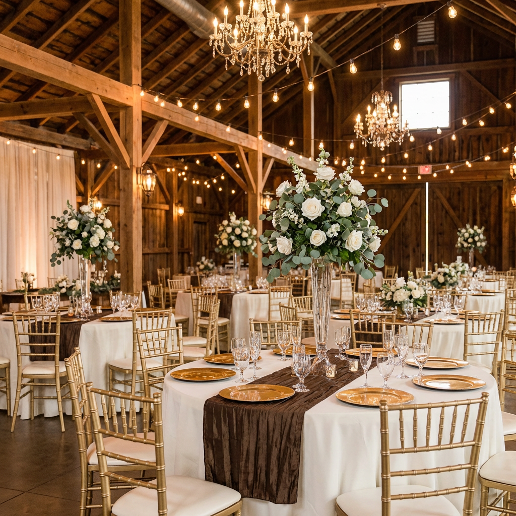 wedding table with the Accordion Crinkle Taffeta Table Runner Chocolate, gold charger plates, gold chiavari chairs and tall floral centerpieces