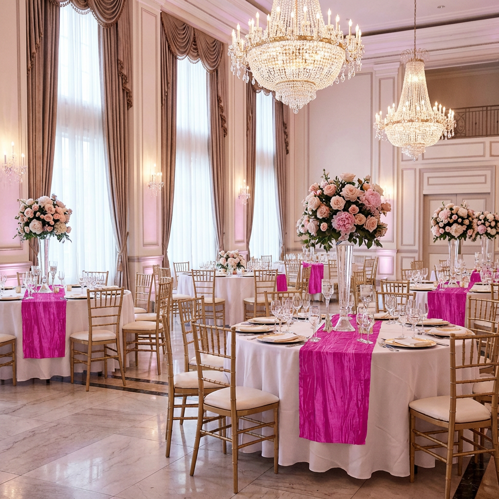 wedding tables with the Accordion Crinkle Taffeta Table Runner Fuchsia on top a white tablecloth, wine glasses, and tall floral centerpieces