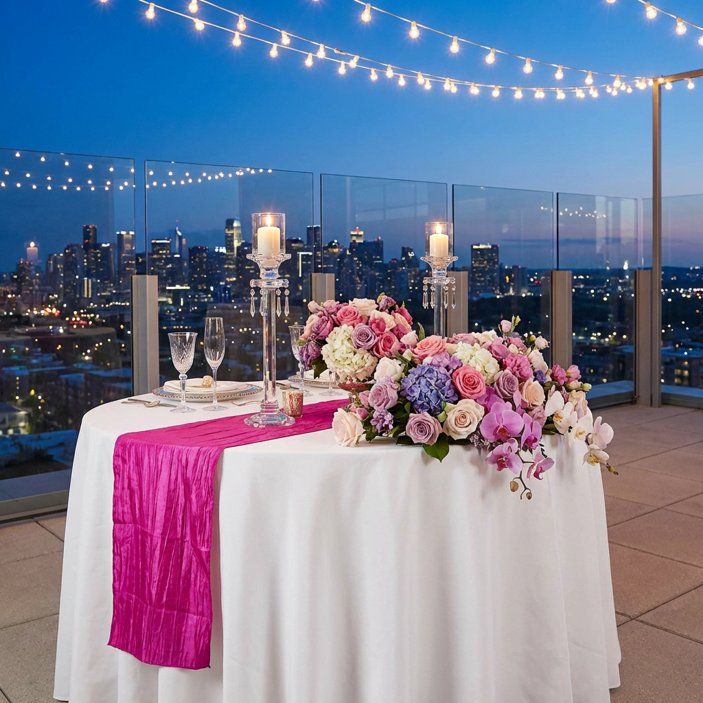 roof top dinner with Accordion Crinkle Taffeta Table Runner Fuchsia on top a white tablecloth, wine glasses, and floral centerpieces