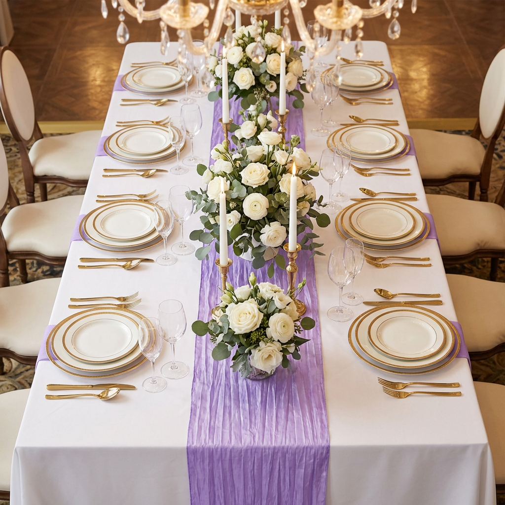 rectangular table with the Accordion Crinkle Taffeta Table Runner Lavender on top with white gold trimmed dinner plates and floral centerpieces