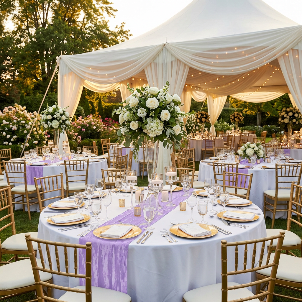 outdoor reception with round tables, Accordion Crinkle Taffeta Table Runner Lavender, gold charger plates and gold chiavari chairs